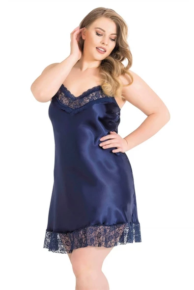 AmoraSecret AmoraSecret Büyük Beden Lacivert Kısa Saten Gecelik - 1