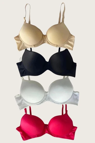 AmoraSecret AmoraSecret Siyah-Beyaz-Kırmızı-Ten 4'lü Dolgulu Push Up Micro Balenli Günlük Tek Destekli Sütyen - 1