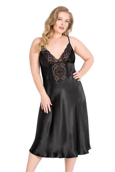 Amora Secret Büyük Beden Siyah Uzun Saten Gecelik ürün görseli