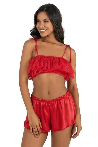 AmoraSecret AmoraSecret Kırmızı Saten Şort Takımı 9206 - 1