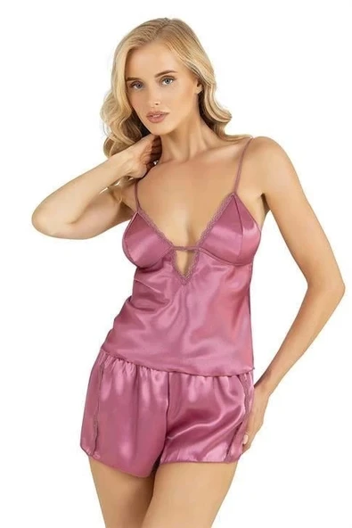 AmoraSecret AmoraSecret Gülkurusu Saten Şort Takımı 9207 - 1