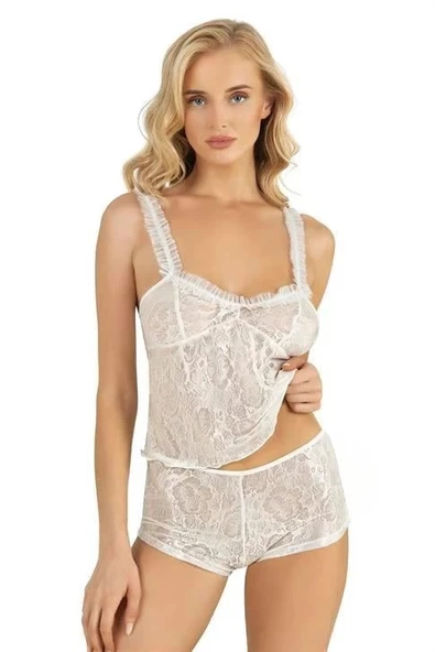 AmoraSecret AmoraSecret Ekru Saten Şort Takımı 9221 - 1