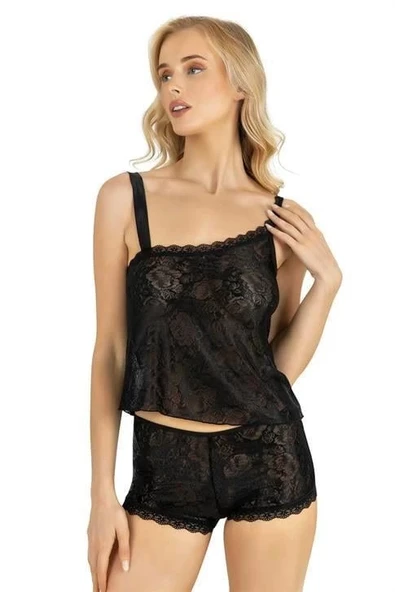 AmoraSecret AmoraSecret Siyah Saten Şort Takımı 9220 - 1