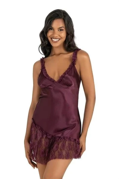 AmoraSecret AmoraSecret Mürdüm Kısa Saten Gecelik 8238 - 1