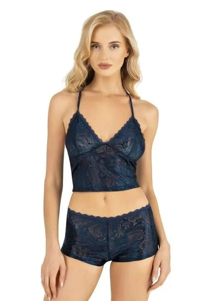 AmoraSecret AmoraSecret Lacivert Saten Şort Takımı 9222 - 1
