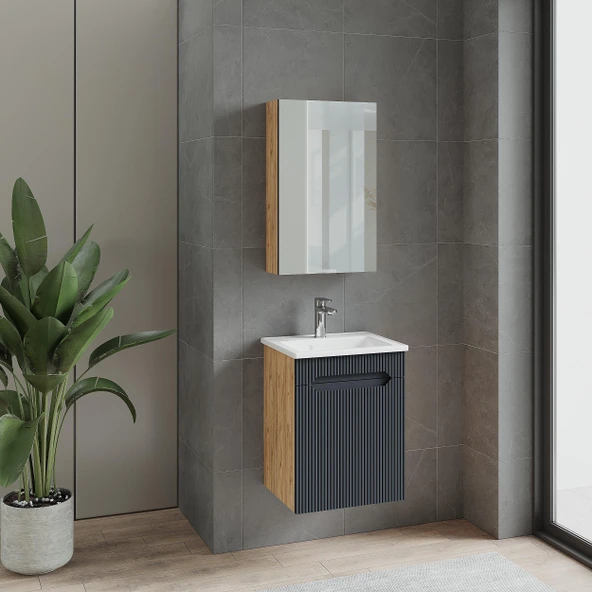 Denko Demood 45 cm MDF Antrasit Gri Banyo Dolabı Alt Modül ve Seramik Lavabo - Resim 2