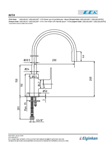 Eca Nita Esnek Çıkış Üçlü Eviye Batarya Beyaz-Krom - Resim 2