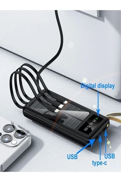 çelikwork inspiring technology 20000mah Güneş Enerjili 2usb Mikro Lightning Iphone Type-c Kablolu Powerbank Taşınabilir Batarya - Resim 7