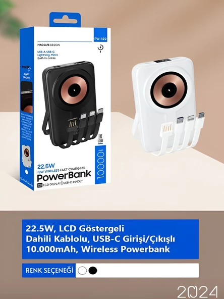 ÇELİKWORK PW-122 10000mAh 15W Kablosuz Kablolu LCD 22.5W Mikro Lightning Type-C Kablolu Powerbank - Resim 7