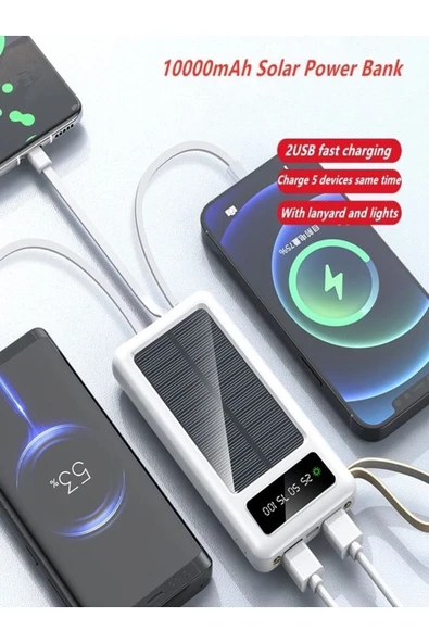 ÇELİKWORK 10000mah Güneş Enerjili 2usb Mikro Lightning Iphone Type-c Kablolu Powerbank Taşınabilir Batarya - Resim 7
