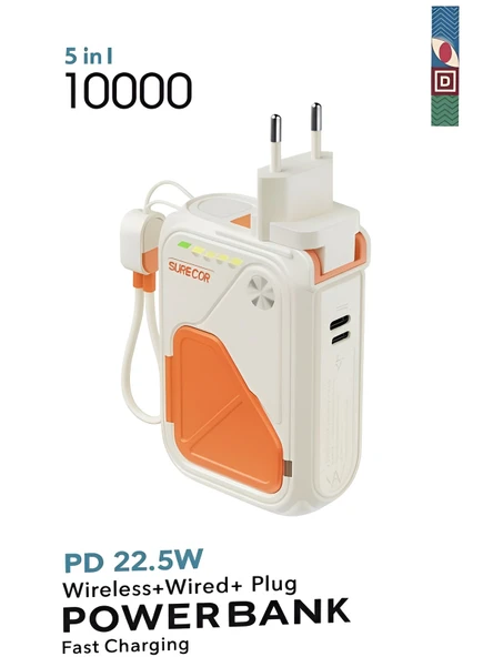 ÇELİKWORK 5'in 1 PD 22.5W Hızlı Şarj Powerbank - 10000mAh, Kablolu ve Kablosuz Standlı Çoklu Fişli Şarj Cihazı ürün görseli 1