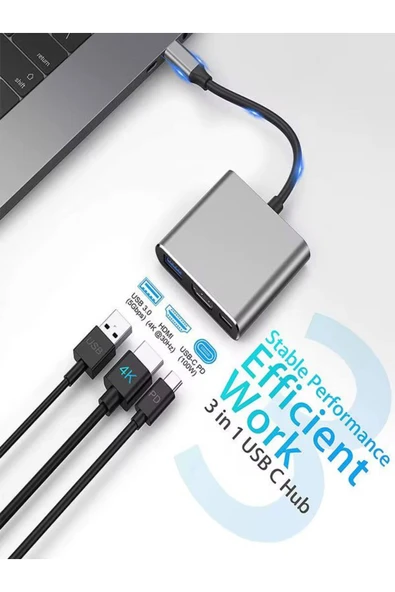 çelikwork inspiring technology FH007 3in 1 USB-C Hub USB 3.0, PD 100W Type-C, 4K/30Hz Ultra HDM & USB Çevirici Çoklayıcı Ofis - Resim 5
