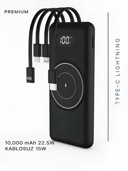 ÇELİKWORK 10000mAh PD Kablolu 22.5W Kablosuz Wireless 15W Dahili USB Micro TYPE-C iPhone Powerbank - Resim 4