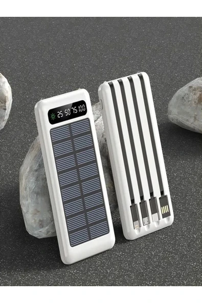 ÇELİKWORK 10000mah Güneş Enerjili 2usb Mikro Lightning Iphone Type-c Kablolu Powerbank Taşınabilir Batarya - 1