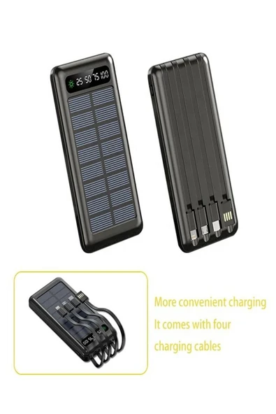 ÇELİKWORK 10000mah Güneş Enerjili 2usb Mikro Lightning Iphone Type-c Kablolu Powerbank Taşınabilir Batarya - Resim 3