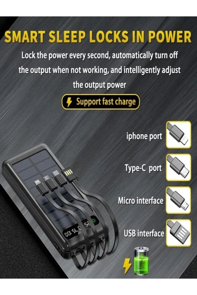 ÇELİKWORK 10000mah Güneş Enerjili 2usb Mikro Lightning Iphone Type-c Kablolu Powerbank Taşınabilir Batarya - Resim 2
