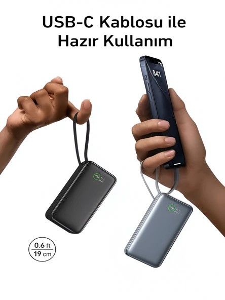 ÇELİKWORK PW109 10000mAh 22.5W Hızlı Şarj Dahili TYPE-C Kablo USB-TYPE-C Giriş Powerbank Digital Display - Resim 3