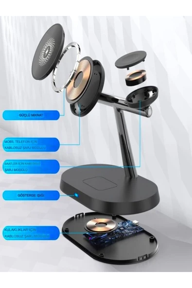 çelikwork inspiring technology Aw011 3in1 Ledli 20 Watt, Wireless, Magsafe Şarj Standı Akıllı Saat Telefon Kulaklık Uyumlu - 5