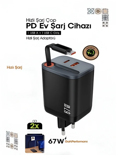 DEANB Pd 67w 1xusb 1xtype-c Girişli 2x Fast Hızlı Şarj Cihazı Adaptörü Universal Çoklayıcı ürün görseli 1