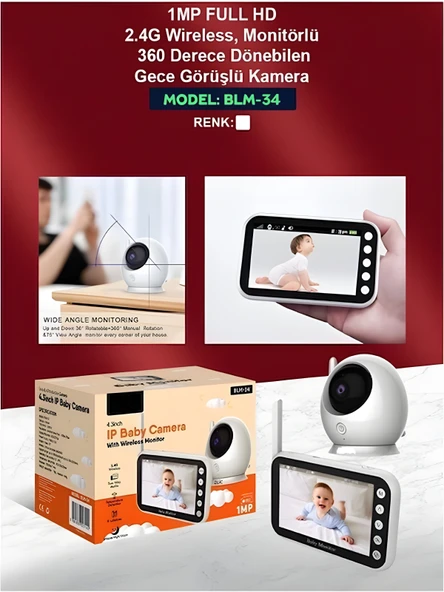 DEANB Full HD Bebek Kamerası 2.4 GHz Wireless 360 Dönen PTZ Gece Görüş Monitörlü Interkom Özellikli - Resim 8