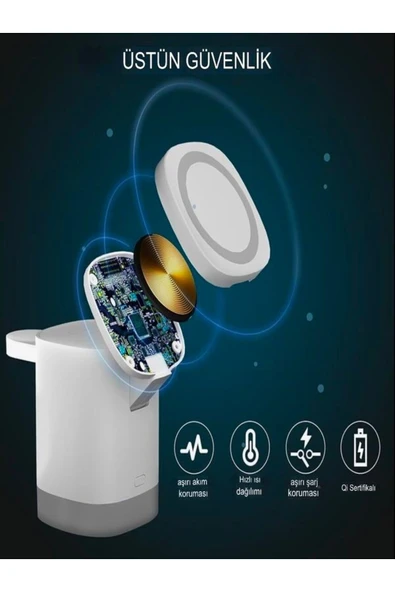 ÇELİKWORK AW013 15 3-in-1 Kablosuz Mıknatıslı RGB Işıklı Saat, Telefon ve AirPods Şarj Standı - Resim 2