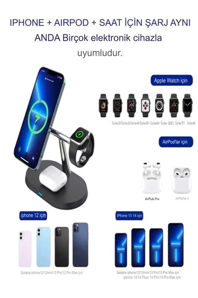 çelikwork inspiring technology Aw011 3in1 Ledli 20 Watt, Wireless, Magsafe Şarj Standı Akıllı Saat Telefon Kulaklık Uyumlu - 6