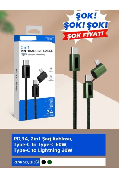 ÇELİKWORK A11 2in1 3A 60W Type-C & 20W Lightning 1.2m Örgü Kablosu - 480 Mbps Hızlı Şarj ve Veri Transferi - Resim 6