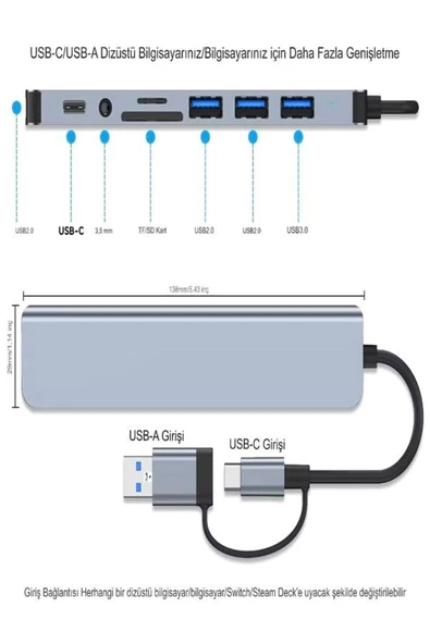 DEANB 8in2 Alüminyum 4xUSB 1xType-C 3.5mm Jak TF/SD USB HUB Çoklayıcı Telefon Macbook Çevirici - 6