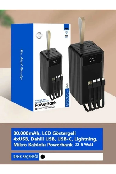 ÇELİKWORK 80000mAh 22.5W Hızlı Şarj LCD Gösterge Dahili Lightning Type-C Micro Kablolu 7 Portlu Powerbank - 5
