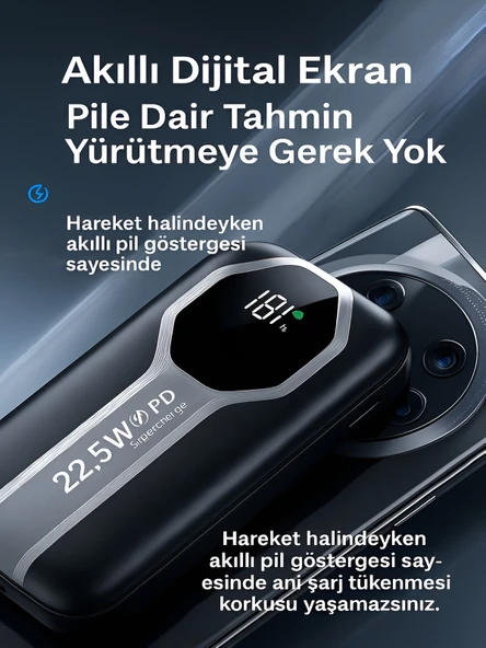 ÇELİKWORK 5in1 10.000mah 22,5w Hızlı Şarj Powerbank - 2 Usb, Lightning & Type-c Kablı Taşınabilir Şarj Cihazı - Resim 5