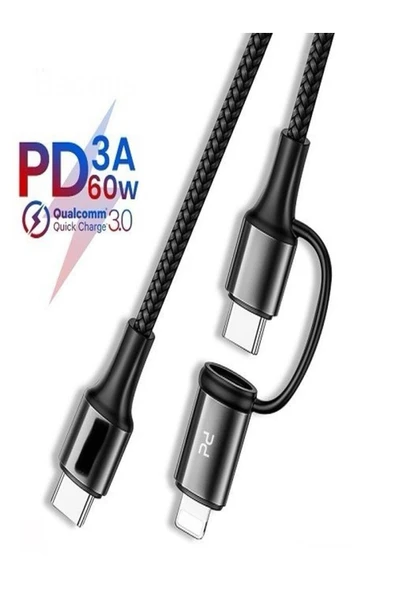 ÇELİKWORK 2in1 3a 1.2metre 60w Type-c 20w Lightning - 480 Mbps Örgü Pd Hızlı Şarj/data Kablosu ürün görseli 1
