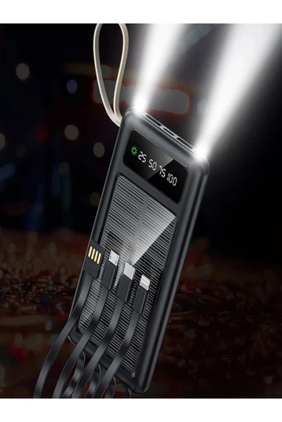 ÇELİKWORK 10000mah Güneş Enerjili 2usb Mikro Lightning Iphone Type-c Kablolu Powerbank Taşınabilir Batarya - Resim 4