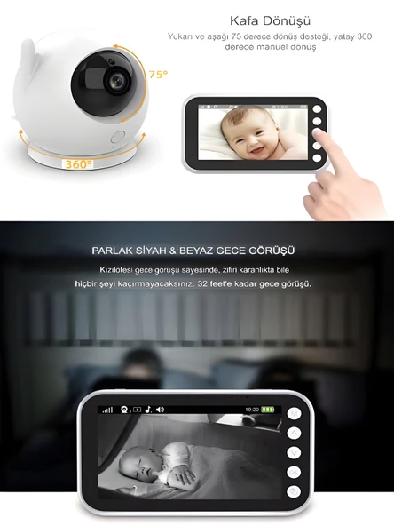 DEANB Full HD Bebek Kamerası 2.4 GHz Wireless 360 Dönen PTZ Gece Görüş Monitörlü Interkom Özellikli - Resim 4