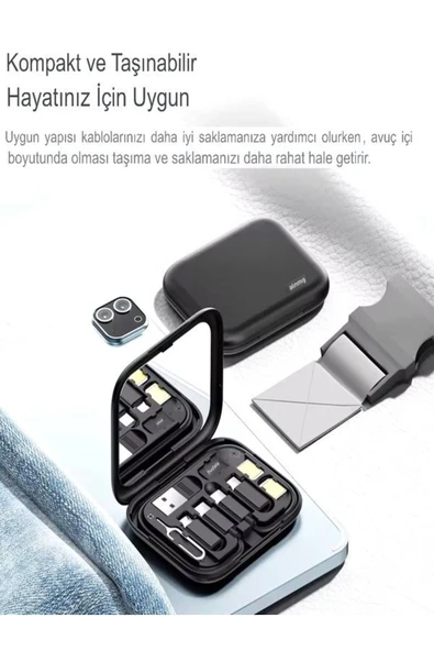 çelikwork inspiring technology Aynalı, Standlı 8-in-1 Çok Işlevli Seyahat Seti - Type-c, Usb, Micro, Lightning Port Çevirici - 6