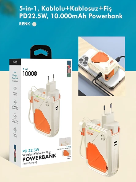 ÇELİKWORK 5'in 1 PD 22.5W Hızlı Şarj Powerbank - 10000mAh, Kablolu ve Kablosuz Standlı Çoklu Fişli Şarj Cihazı - Resim 7