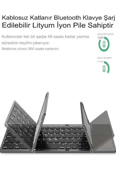 DEANB Şarjlı Touchpad Kablosuz Bluetooth Titanyum Katlanabilir Dokunmatik Klavye Tablet - Telefon - 3