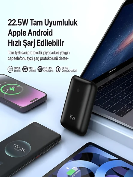 ÇELİKWORK Fp011 10000mah Pd 22.5watt Hızlı Telefon Şarj Aleti Elektronik Taşınabilir Type-c Batarya Powerbank - Resim 2