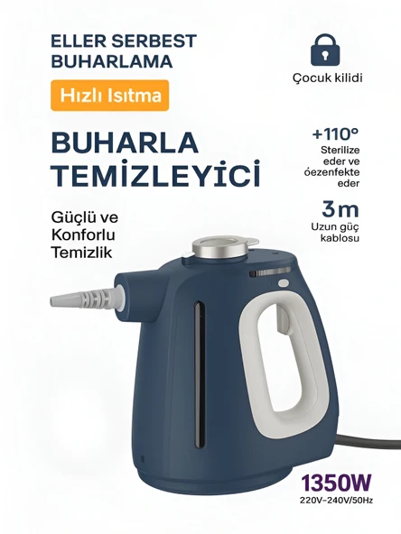 DEANB Dn622 9in1 1350w 3m Kablo Buharlı Temizleme Makinesi 550ml Su Tankı 120 Ev, Mutfak, Ofis, Araç Otel ürün görseli