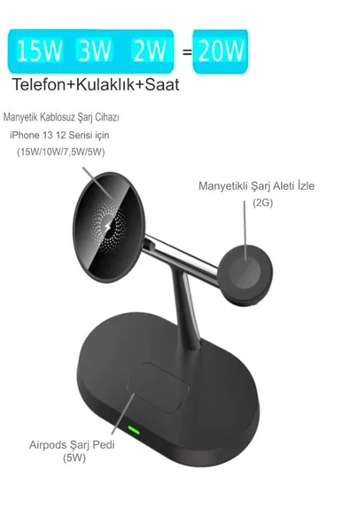 çelikwork inspiring technology Aw011 3in1 Ledli 20 Watt, Wireless, Magsafe Şarj Standı Akıllı Saat Telefon Kulaklık Uyumlu - 3