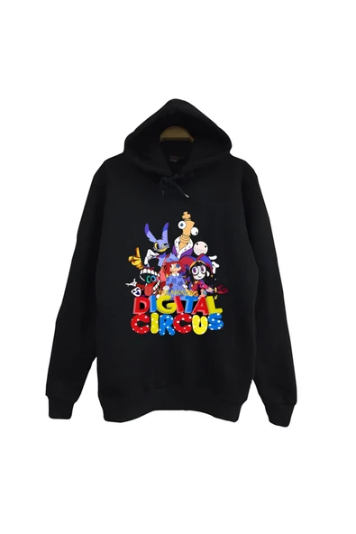 The Amazing Digital Circus Baskılı %100 Pamuk Unisex %100 Pamuk Siyah Kapüşonlu Sweatshirt