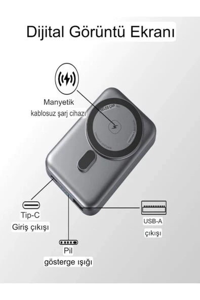 DEANB 10000mAh 22.5W Hızlı Şarjlı Type-C ve USB Girişli Wireless Kablosuz Magsafe Powerbank - 3