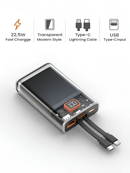 ÇELİKWORK Pw50 Lcd 22.5w Type-c & Lightning Kablolu Hızlı Iphone Şarj Aleti - 10,000mah Taşınabilir Powerbank ürün görseli 1