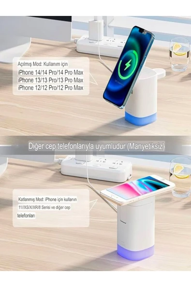 ÇELİKWORK AW013 15 3-in-1 Kablosuz Mıknatıslı RGB Işıklı Saat, Telefon ve AirPods Şarj Standı - Resim 7