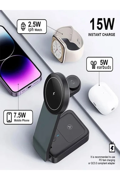 ÇELİKWORK 3in1 15W Mıknatıslı Kablosuz Şarj Standı Hızlı Şarj, Telefon, Kulaklık & Saat İçin Masaüstü Standı - Resim 4