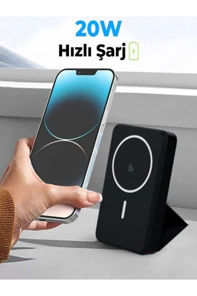 ÇELİKWORK 10000mAh 20W Wireless MAGSAFE Lüx Deri Stand Kablosuz Taşınabilir Batarya Li-iyon POWERBANK - 3