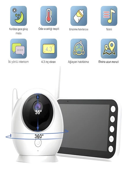 DEANB Full HD Bebek Kamerası 2.4 GHz Wireless 360 Dönen PTZ Gece Görüş Monitörlü Interkom Özellikli - Resim 3