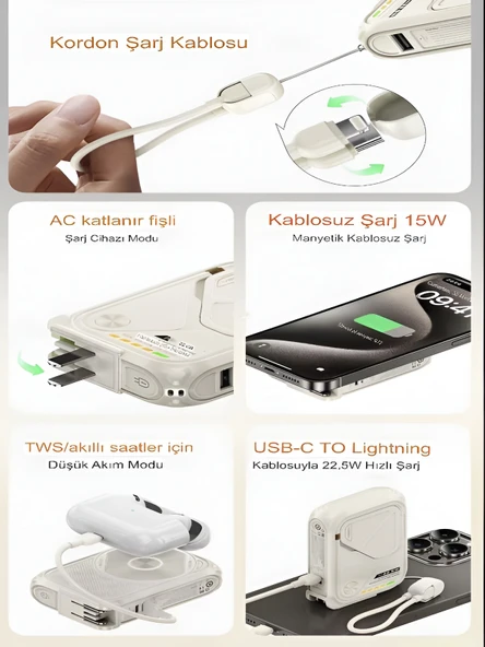 ÇELİKWORK 5'in 1 PD 22.5W Hızlı Şarj Powerbank - 10000mAh, Kablolu ve Kablosuz Standlı Çoklu Fişli Şarj Cihazı - Resim 3