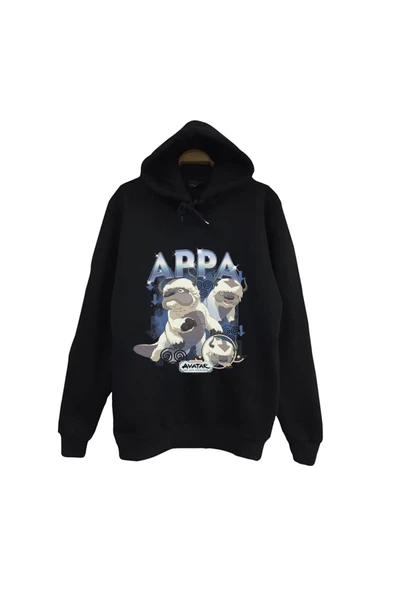 Avatar The Last Airbender Appa Baskılı %100 Pamuk Unisex Siyah Kapüşonlu Sweatshirt