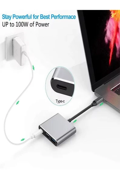 çelikwork inspiring technology FH007 3in 1 USB-C Hub USB 3.0, PD 100W Type-C, 4K/30Hz Ultra HDM & USB Çevirici Çoklayıcı Ofis - Resim 6