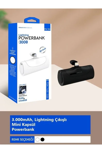 ÇELİKWORK Pw0-102 3000mah Iphone Lighting Uyumlu Powerbank Mini Elektronik Siyah Taşınabilir Güç Bankası - 7